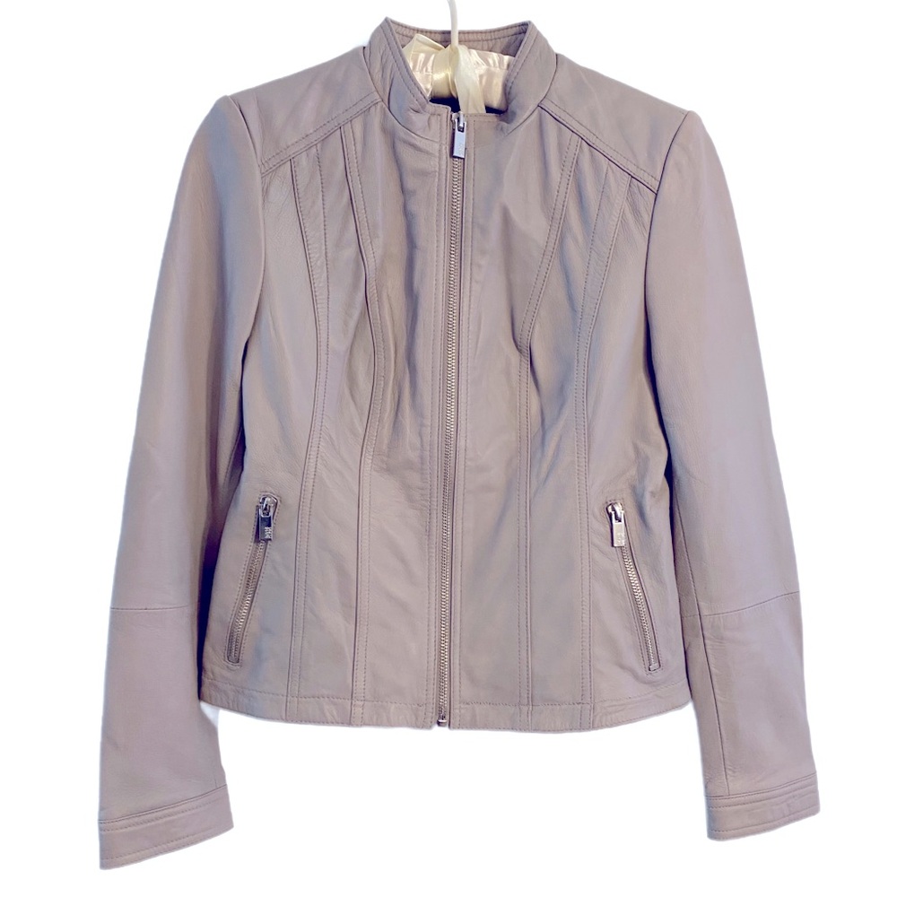 Black Rivet PearlGray Leather Jacket Stand-Up Collar Tailored Fit Size S